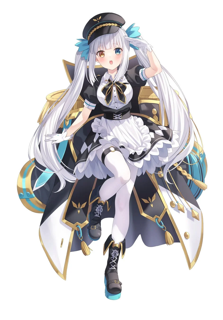 黒と白のメイド服風衣装に軍服のような要素を取り入れた白髪の少女のイラスト