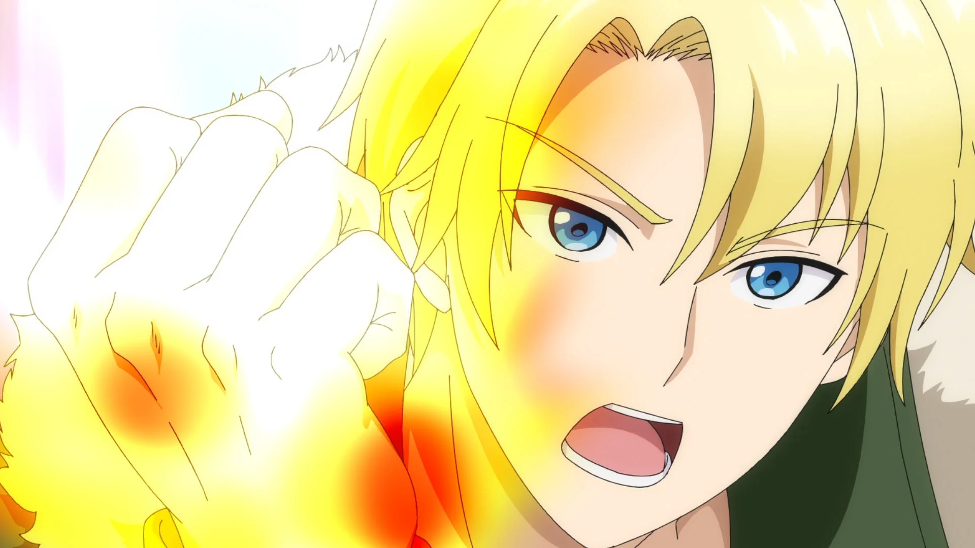 金髪と青い目の男性アニメキャラクターが、右拳からまばゆい光を放ちながら叫んでいる瞬間を捉えた画像です。何らかの力を発動している様子で、力強い表情をしています。