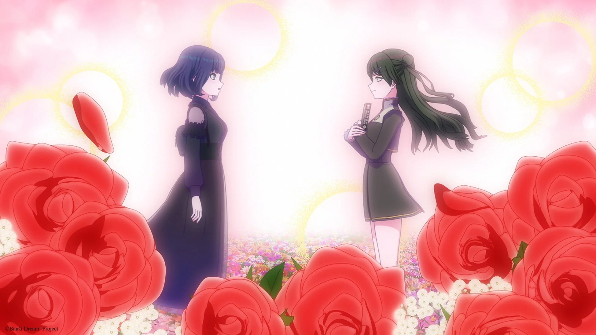 Two anime girls facing each other in a fantastical pink setting, surrounded by red roses and small flowers, from 'BanG Dream! Yumemita' episode #6.