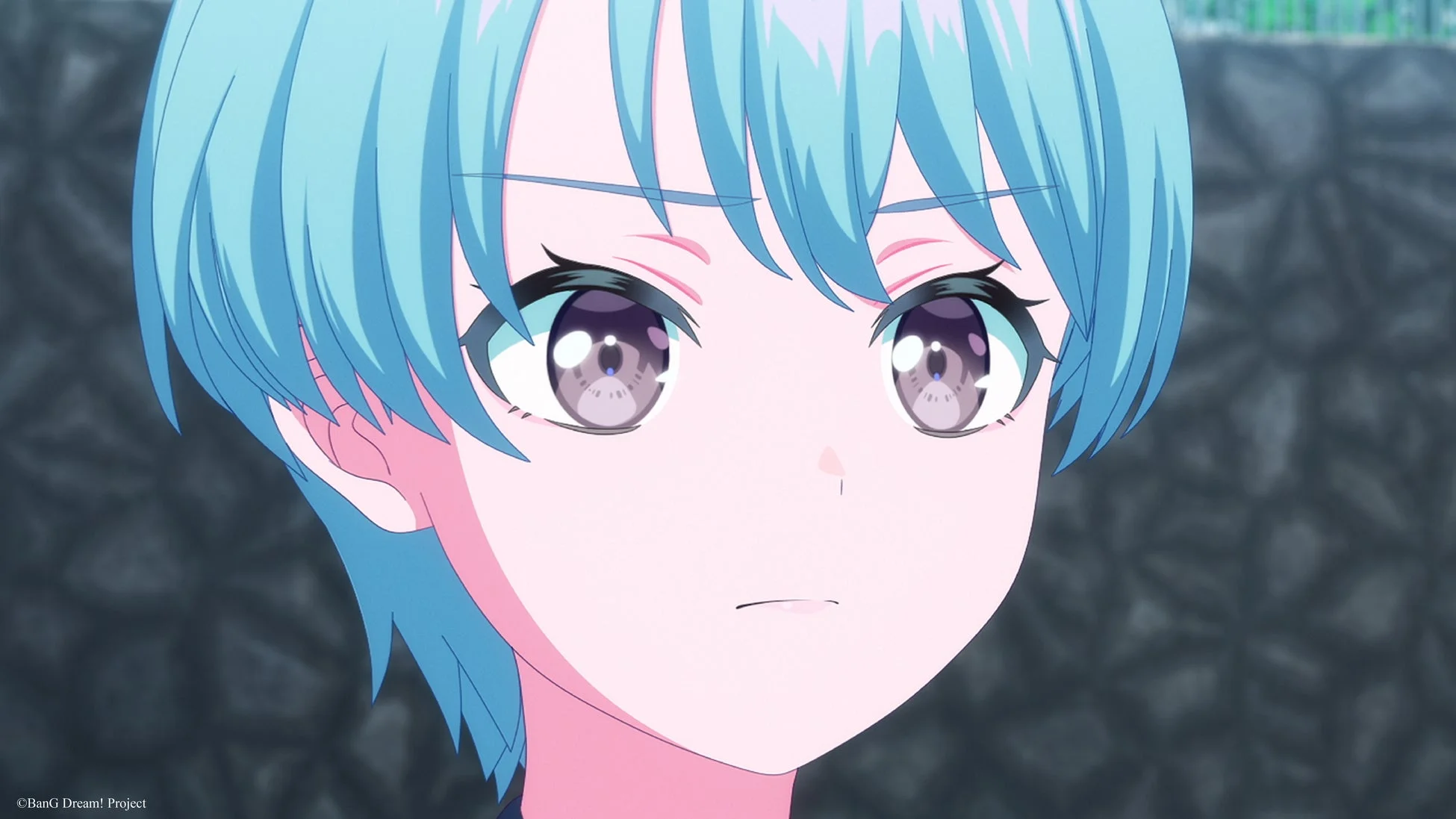 A close-up of an anime character with blue hair and large eyes, looking intently with a serious expression, from 'BanG Dream! Yumemita' episode #6.