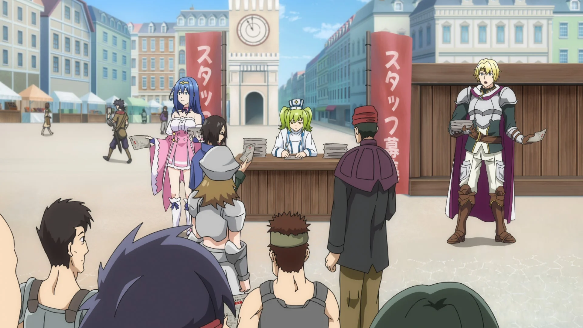 ファンタジー風の街の広場で、複数のキャラクターが受付に集まっています。看護師のような服を着たキャラクターがデスクにおり、人々が列をなしている様子が見られます。背景には時計台や建物、露店が広がっています。