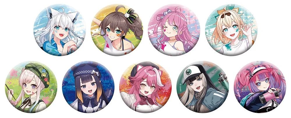 ホロライブ所属のVTuberキャラクター9人がそれぞれ異なるデザインで描かれた円形の缶バッジの集合画像