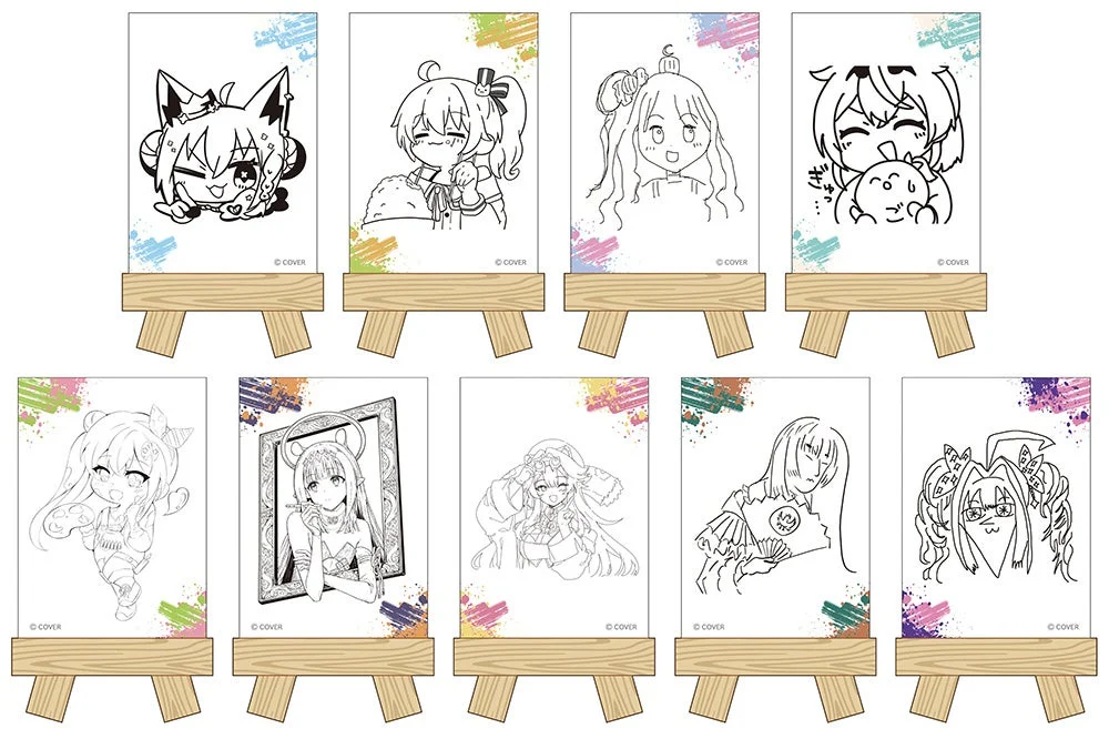 木製イーゼルに立てられた10枚のキャンバスに、アニメ風キャラクターの白黒線画イラストが並ぶ