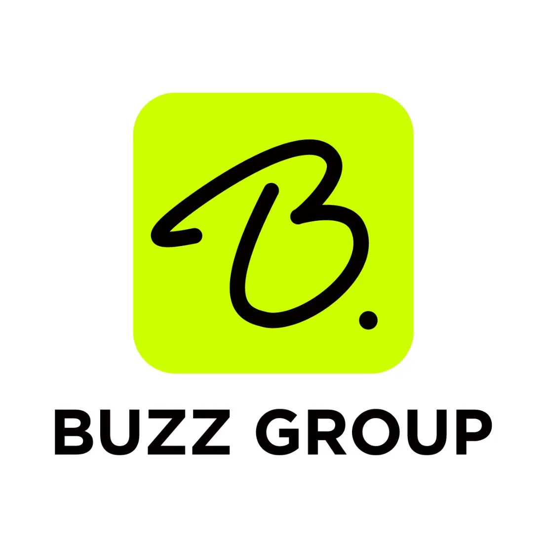 「BUZZ GROUP」のロゴ画像です。明るい緑色の角丸四角形の中に、手書き風の黒い「B.」の文字が描かれ、その下に「BUZZ GROUP」と黒字で表記されています。