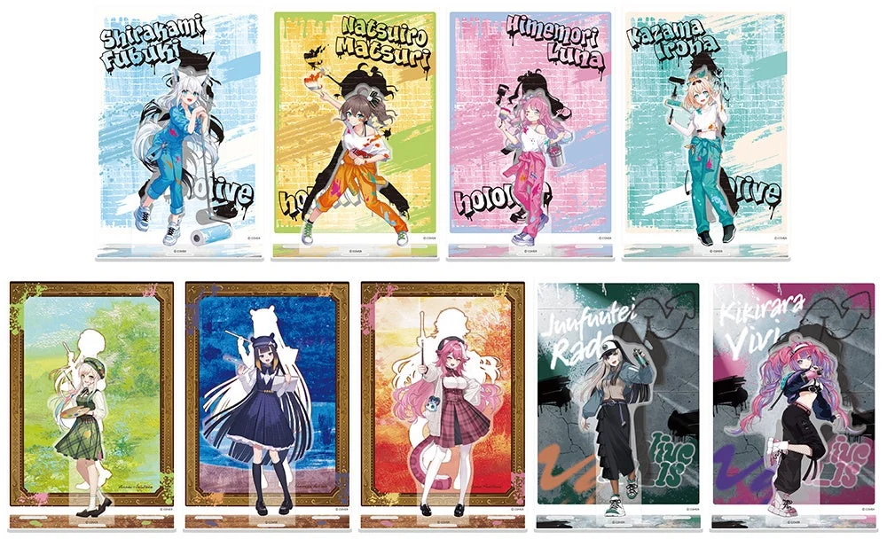 ホロライブ所属のVTuberキャラクター9体のアクリルスタンドが並べられた画像