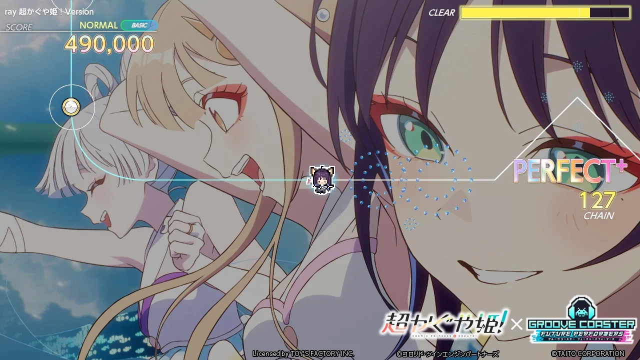 人気リズムゲーム「GROOVE COASTER」のプレイ画面。アニメ調の美しい少女キャラクターが複数描かれ、490,000点のスコアとPERFECT+、127チェーンが表示されています。ポップで鮮やかな色彩のリズムゲームの様子を捉えた一枚です。