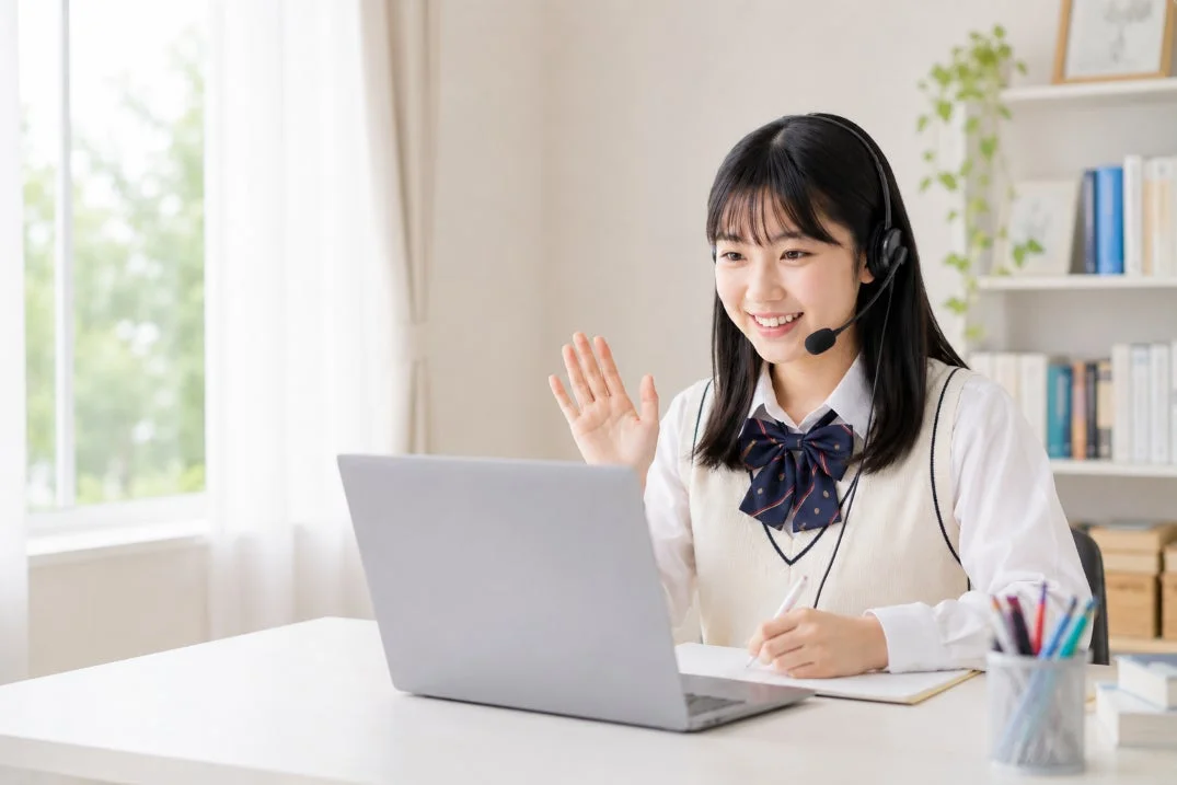 ヘッドセットを装着した女子学生がオンライン授業に参加している様子