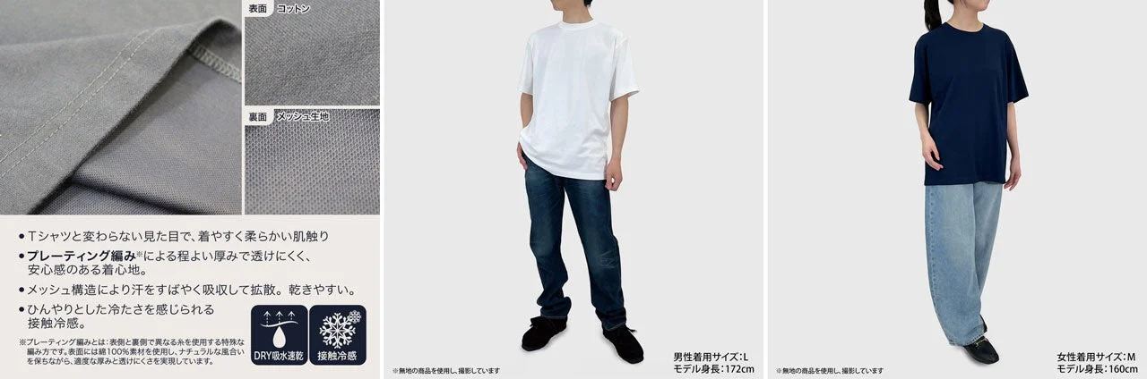 プレーティングTシャツ生地詳細・着用イメージ