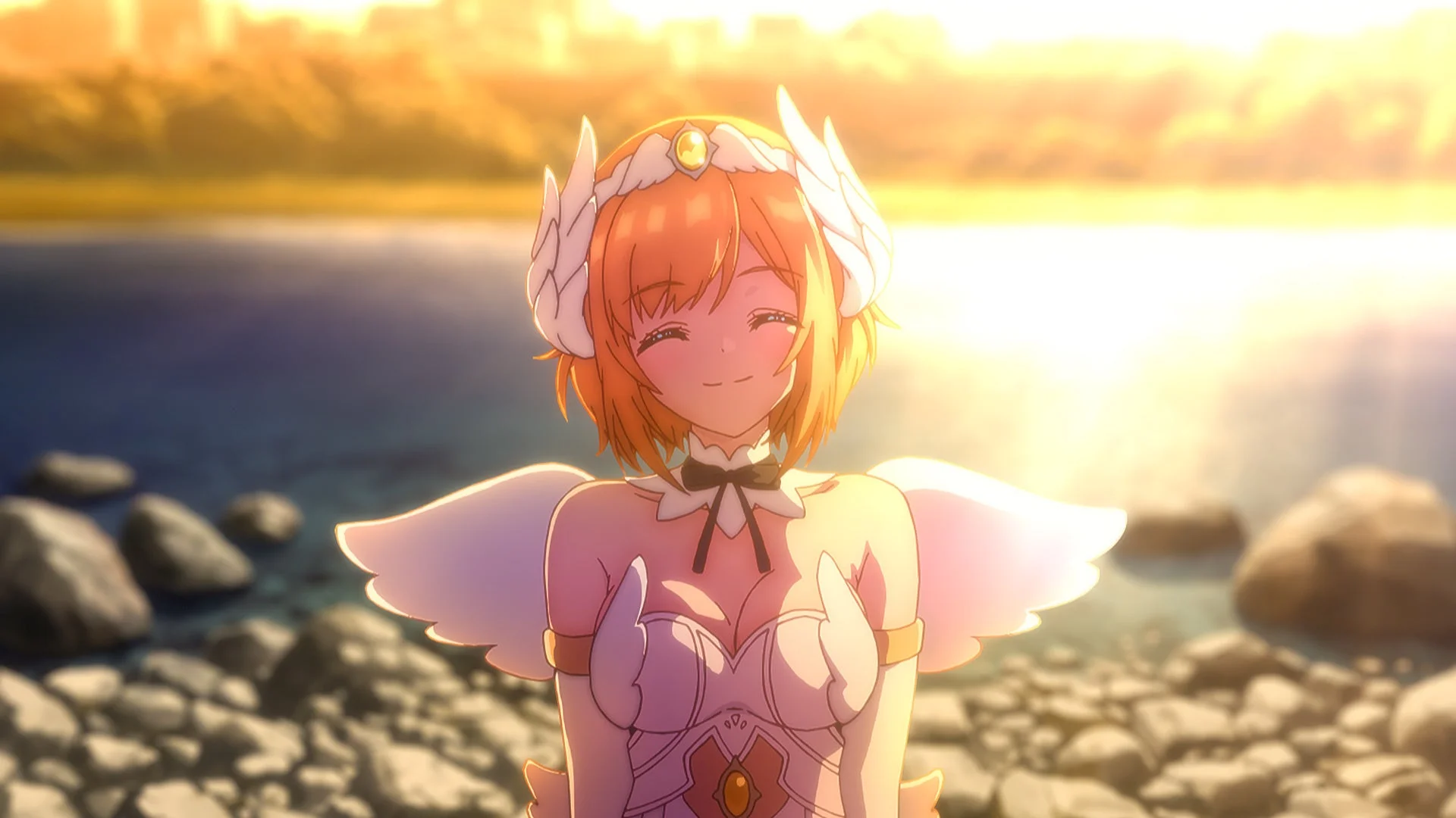 夕焼けの海辺で微笑む天使のようなアニメ少女