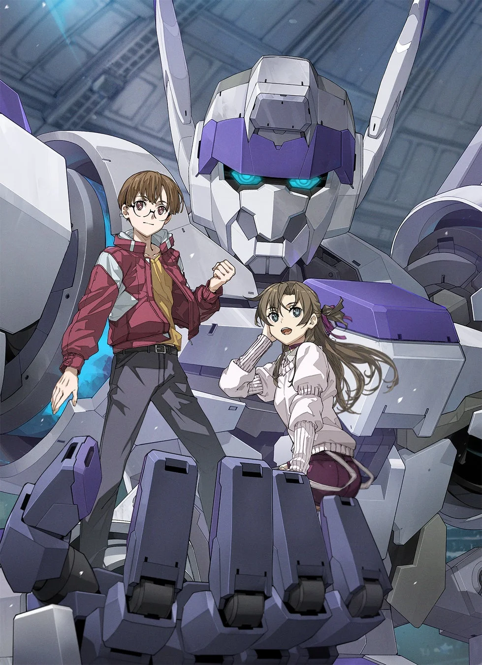 巨大なロボットの手のひらに立つ少年と少女が描かれたイラスト。未来的な雰囲気の中で、二人のキャラクターがロボットを背景にポーズをとっている。