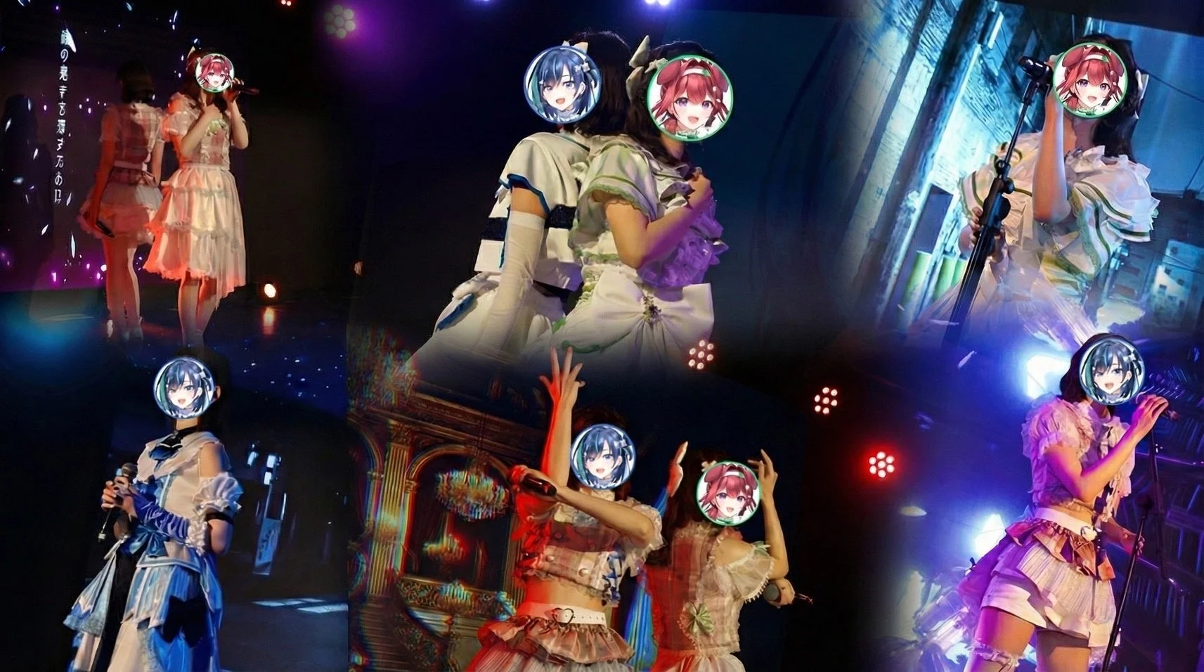 ライブステージでパフォーマンスする複数の女性アーティストのコラージュ