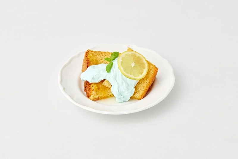 ケーキ、スイーツ、デザート、レモン、ミント、クリーム、白い皿、シンプル、食べ物、洋菓子