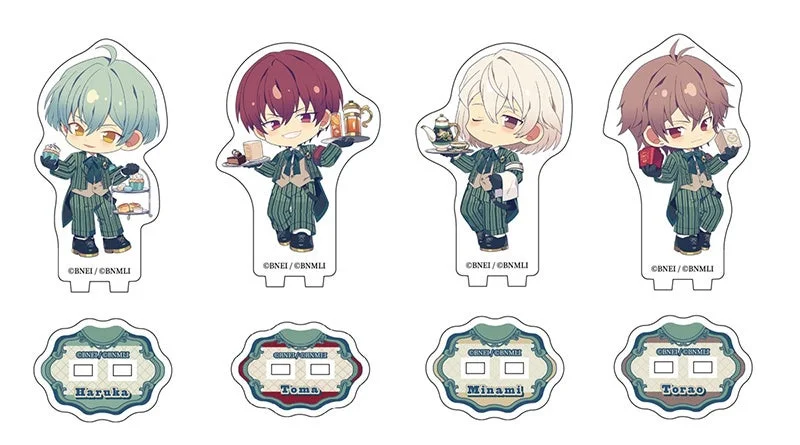 執事服を着たちびキャラ男性4人のアクリルスタンドセット。それぞれスイーツやティーセットを持っており、Haruka、Toma、Minami、Toraoの名前が記されている。