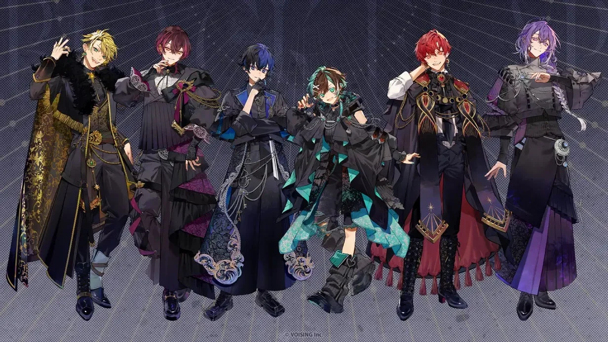 豪華な衣装をまとった6人の男性アニメキャラクターが並んでポーズをとっているイラストです。
