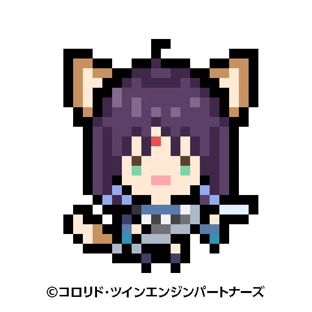 白い背景に、紫色の髪とケモミミを持つデフォルメされた可愛いピクセルアートの女の子キャラクターが描かれています。額には赤いマークがあり、手には武器のようなものを持っています。レトロゲーム風の可愛らしいイラストです。