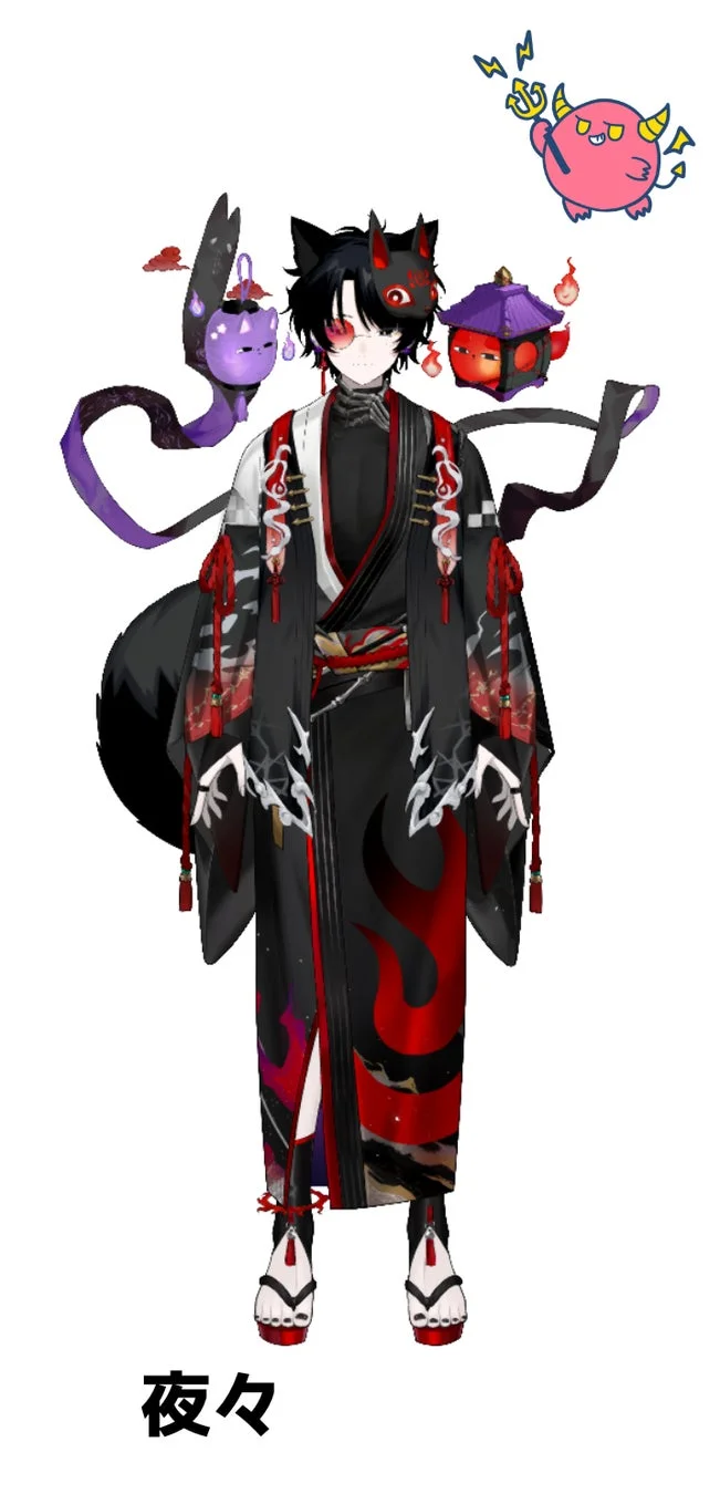 黒と赤を基調とした和装のキャラクターが描かれている。狐の耳と面をつけ、提灯や可愛らしい鬼のミニキャラが周りに浮遊しており、幻想的で神秘的な雰囲気のイラスト。