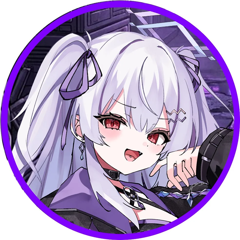 紫色のツインテールと赤い瞳が特徴のアニメ風の美少女キャラクター