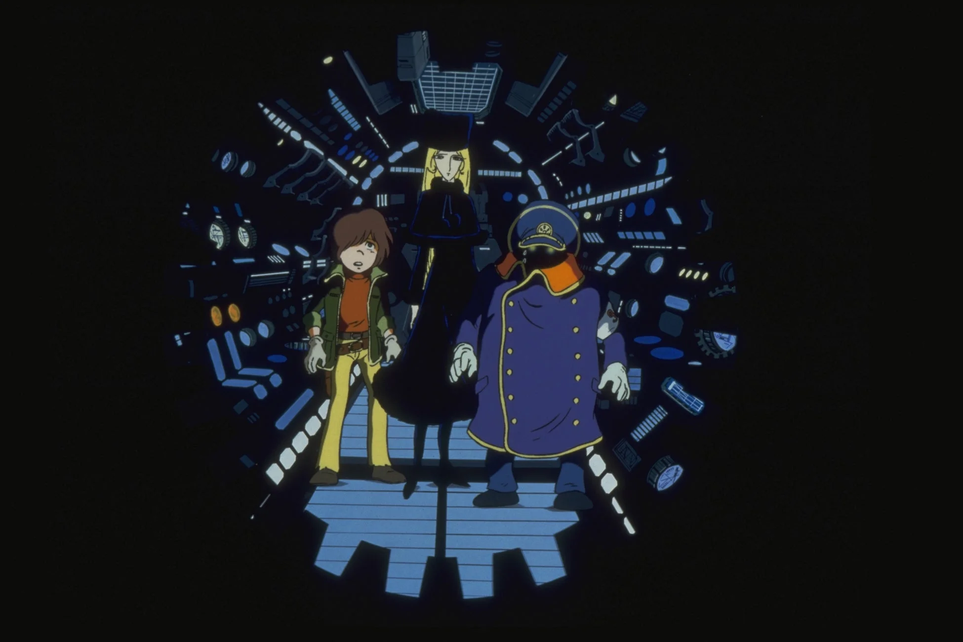 アニメ「銀河鉄道999」の主要キャラクター、星野鉄郎、メーテル、車掌が、歯車のような青い台座の上に立っているイラスト。背景には未来的な宇宙船の内部のような、様々な制御パネルや光が描かれている。