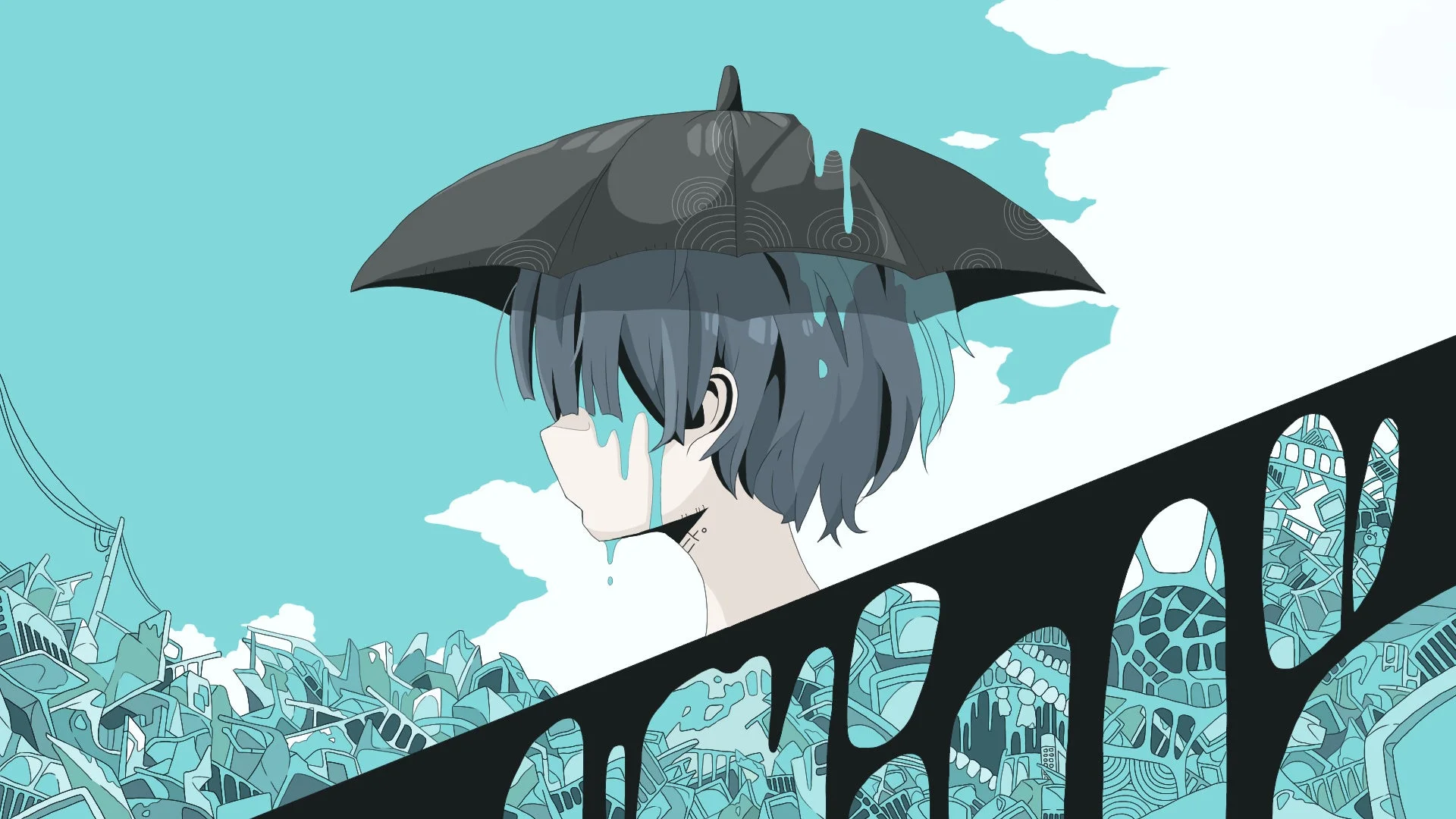 傘から水が滴り落ち、顔には涙のようなものが流れる少年が描かれたイラスト。背景には廃墟のような街並みが広がり、全体的に青と黒を基調とした憂鬱な雰囲気が漂っています。