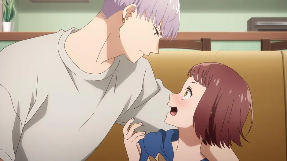 アニメ、カップル、見つめ合う