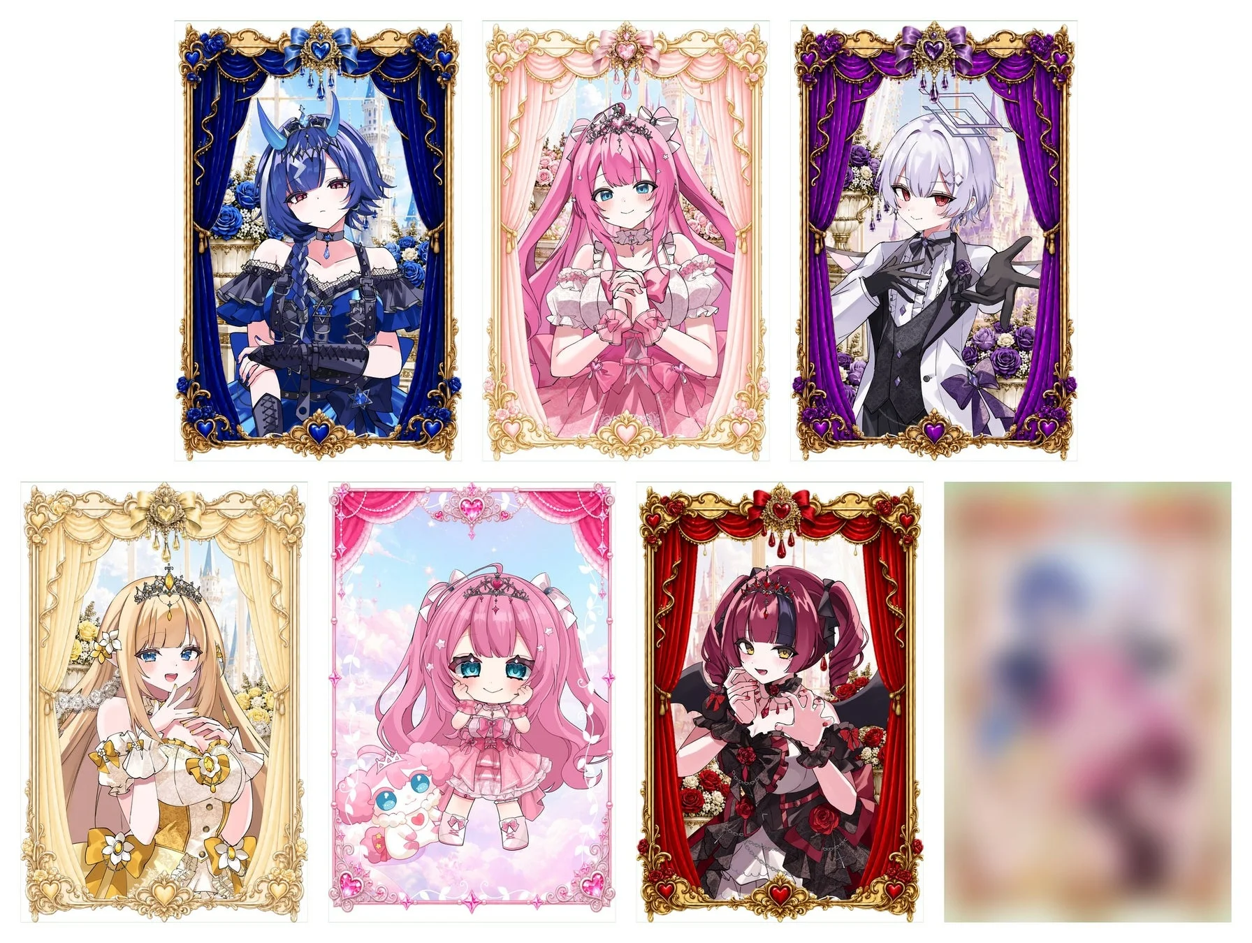 アニメ, イラスト, キャラクター, ファンタジー, 豪華なフレーム, ゴシック, プリンセス, 美少女, 美少年, ロリータ, ドレス, ポートレート, 複数のキャラクター, かわいい, 華やか, 青, ピンク, 紫, 金, 赤, 獣耳, 悪魔, 天使, 貴族