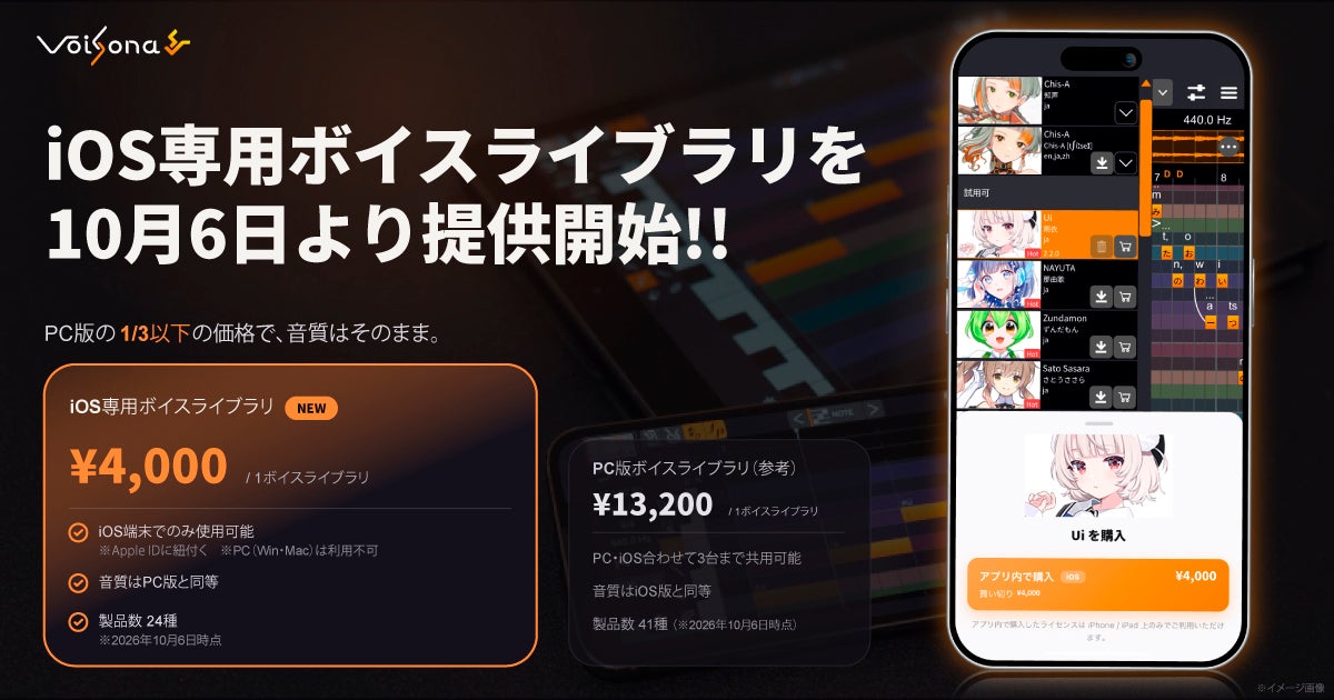 歌声合成アプリ「VoiSona」、iPhone／iPadで購入・利用できる「iOS専用ボイスライブラリ」を10月6日より提供開始